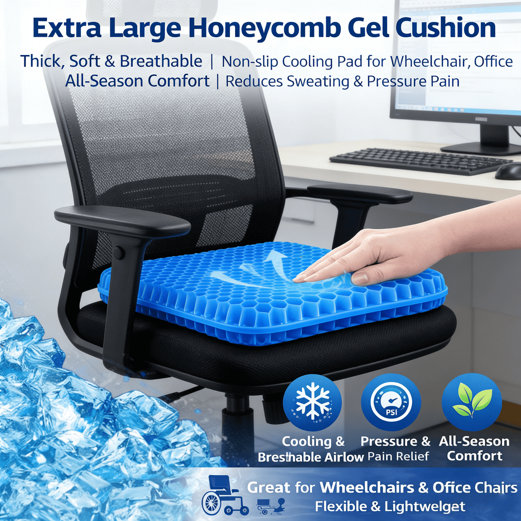 Ultra-Large Honeycomb Gel Seat Cushion – Soft, Breathable, and Cooling Pad for Office Chairs, Wheelchairs, and Home Use – Reduces Sweat and Pressure Discomfort, Lightweight and Adjustable for All-Season Comfort (Blue)
