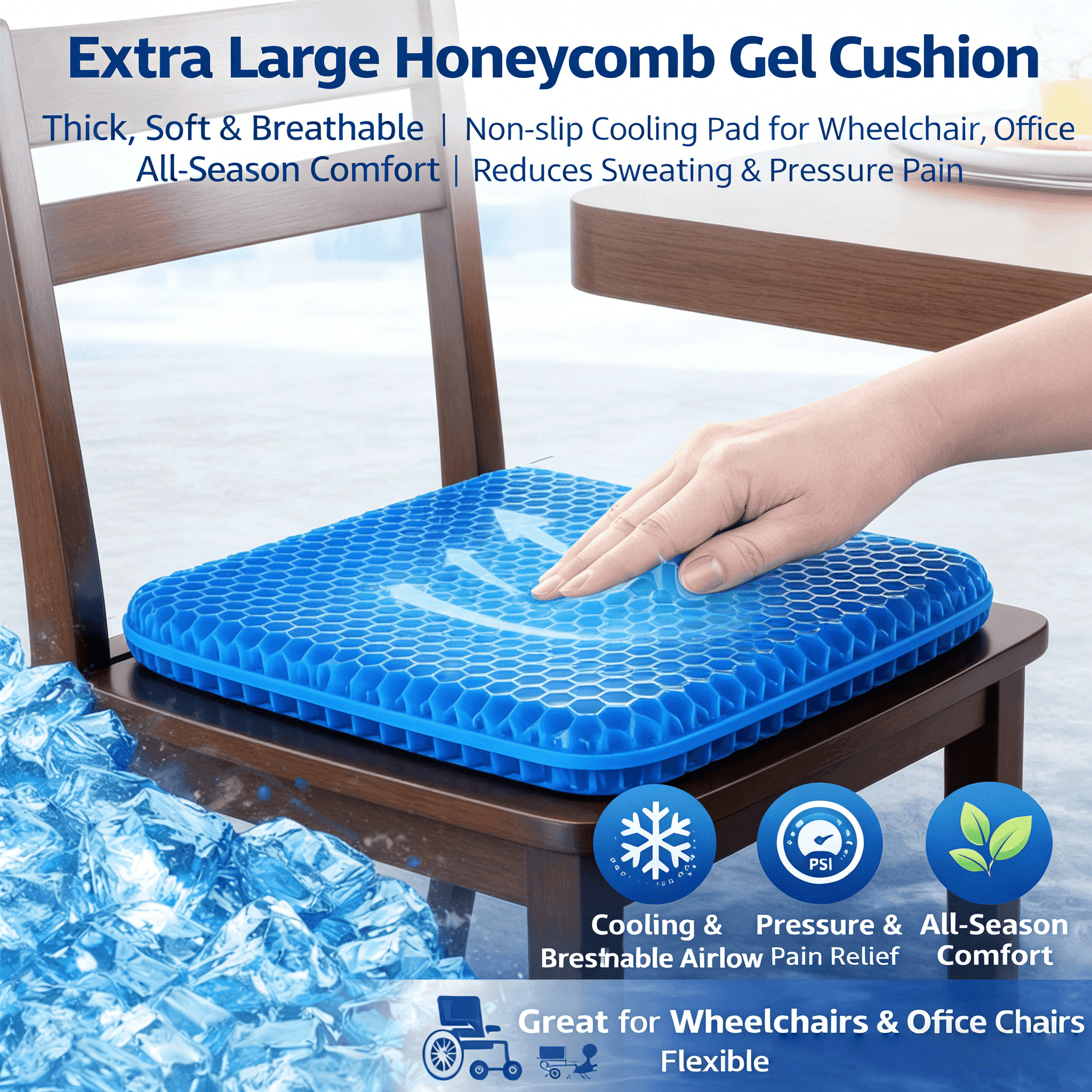 Ultra-Large Honeycomb Gel Seat Cushion – Soft, Breathable, and Cooling Pad for Office Chairs, Wheelchairs, and Home Use – Reduces Sweat and Pressure Discomfort, Lightweight and Adjustable for All-Season Comfort (Blue)