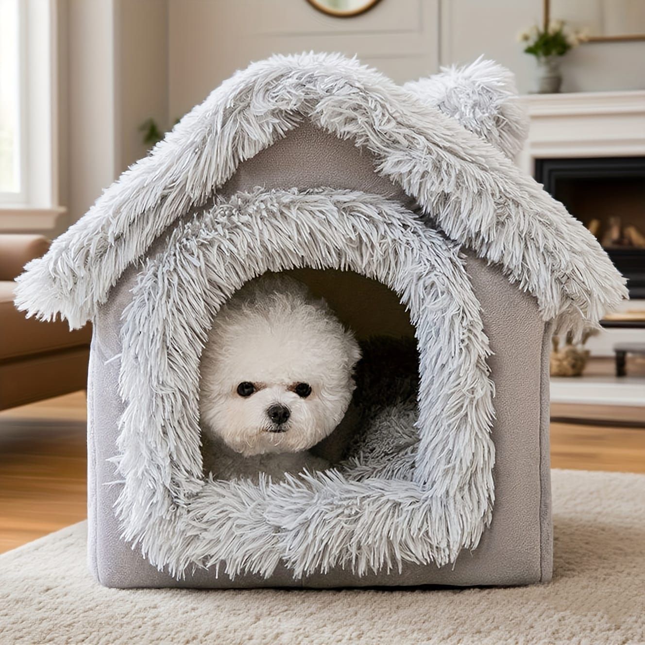 Plush Pet House with Detachable Cushion – Cozy, Warm, and Stylish Indoor Cat or Small Dog Bed – Soft Faux Fur Hideaway with Doorway – Perfect for Year-Round Comfort and Relaxation (L, Brown)