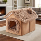 Plush Pet House with Detachable Cushion – Cozy, Warm, and Stylish Indoor Cat or Small Dog Bed – Soft Faux Fur Hideaway with Doorway – Perfect for Year-Round Comfort and Relaxation (L, Brown)
