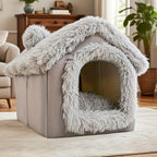 Plush Pet House with Detachable Cushion – Cozy, Warm, and Stylish Indoor Cat or Small Dog Bed – Soft Faux Fur Hideaway with Doorway – Perfect for Year-Round Comfort and Relaxation (L, Brown)