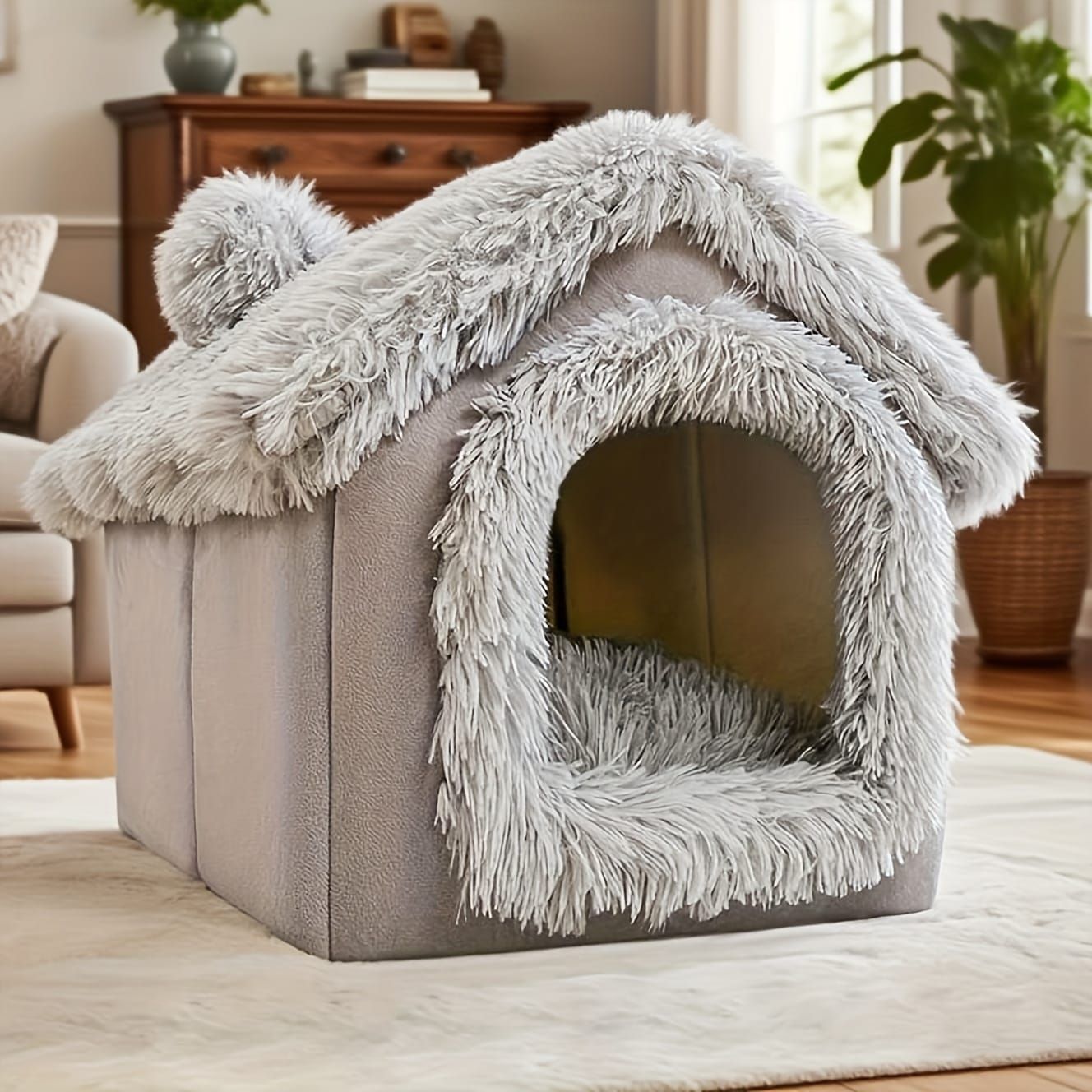 Plush Pet House with Detachable Cushion – Cozy, Warm, and Stylish Indoor Cat or Small Dog Bed – Soft Faux Fur Hideaway with Doorway – Perfect for Year-Round Comfort and Relaxation (L, Grey)
