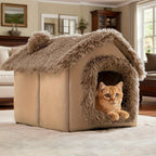 Plush Pet House with Detachable Cushion – Cozy, Warm, and Stylish Indoor Cat or Small Dog Bed – Soft Faux Fur Hideaway with Doorway – Perfect for Year-Round Comfort and Relaxation (M, Brown)