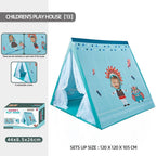 Kids Play Tent for Indoor Outdoor Fun, Waterproof Triangle Teepee with White Mesh Curtains, Spacious 3-in-1 Design for Ages 3+ – Perfect for Playtime, Family Bonding, and Holiday Gifts in Blue Ocean, Pink Mermaid, Light Blue Indian, or Purple Feather Them