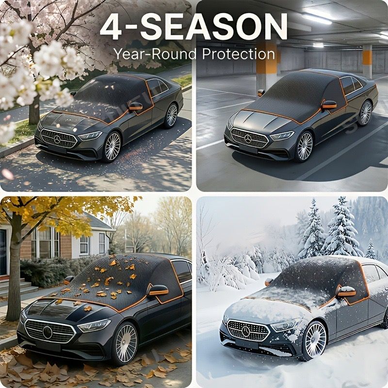 All-Season Car Front Cover Shield for Sedans – Windproof, Snowproof & Sunproof Protection with Magnetic Fixation, Full Coverage for Windshield, Side Windows, and Hood, Ideal for Outdoor Parking (Orange1)