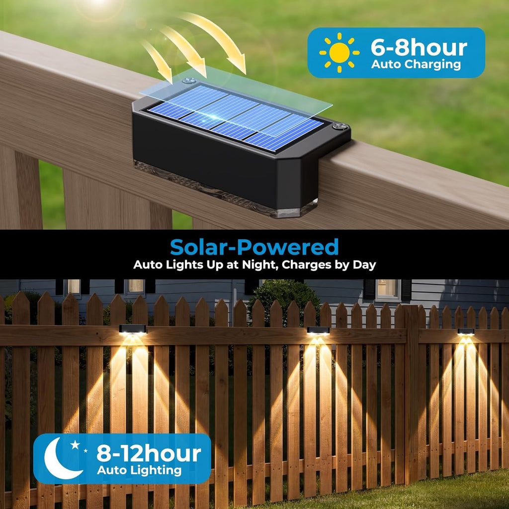 Solar Powered Outdoor Fence Light, Warm White Decorative Garden Rail Light with Auto On/Off, Easy Installation for Patio, Deck, and Yard Illumination (1PCS, WarmLight)