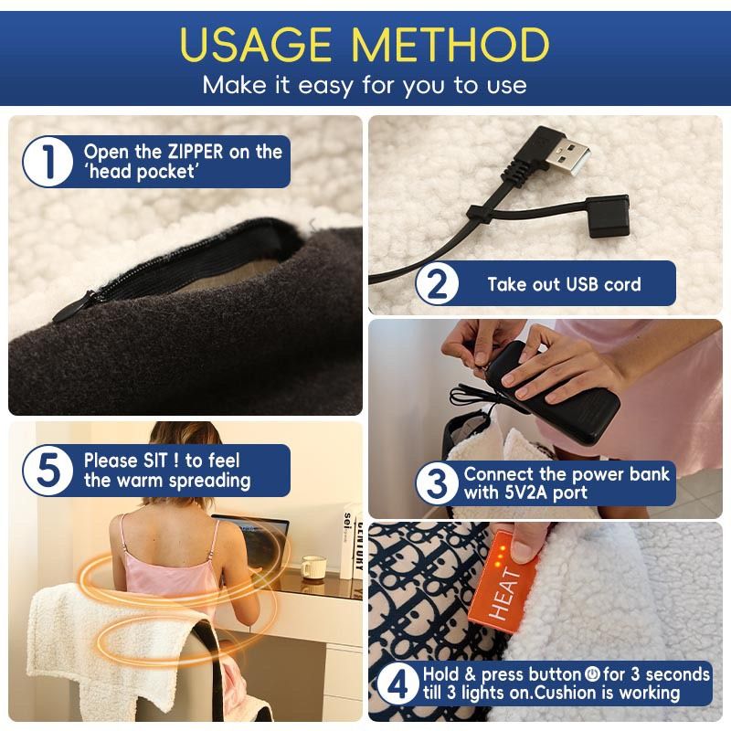 USB-Powered Heated Seat Cushion and Throw Blanket, Soft Flannel Fleece, Fast Heating with 3 Temperature Settings, Portable for Home, Office, Outdoor Use (135×45cm)
