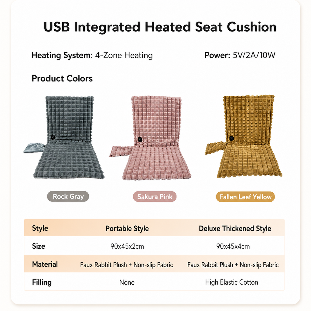 USB-Powered Heated Seat Cushion with Plush Faux Rabbit Fur, Anti-Slip Base, and Foldable Backrest – Ideal for Office Chairs, Car Seats, and Outdoor Camping Chairs in Rock Gray, Cherry Pink, and Fallen Yellow. (45×45×4cm, Grey)