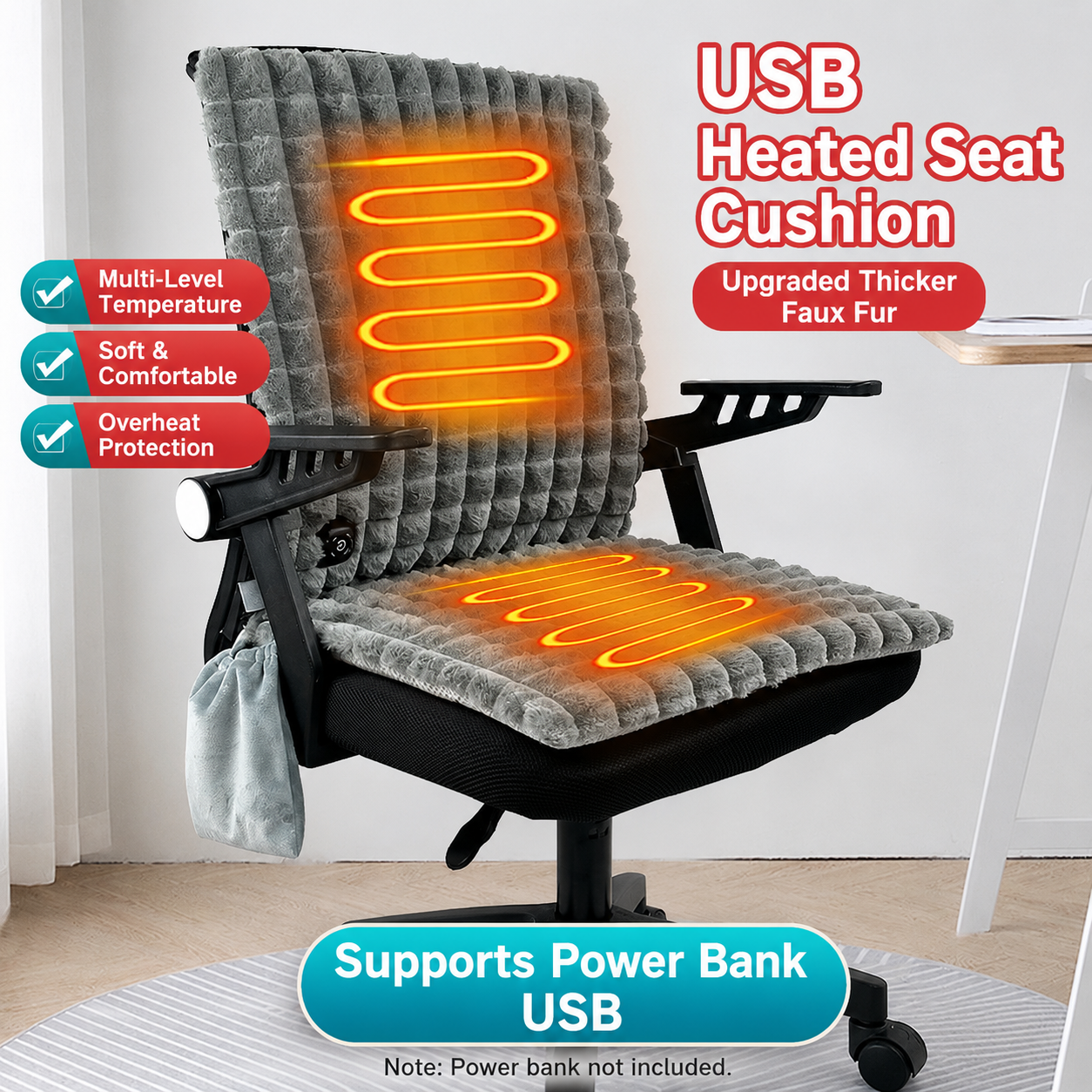 USB-Powered Heated Seat Cushion with Plush Faux Rabbit Fur, Anti-Slip Base, and Foldable Backrest – Ideal for Office Chairs, Car Seats, and Outdoor Camping Chairs in Rock Gray, Cherry Pink, and Fallen Yellow. (90×45×2cm, Yellow)