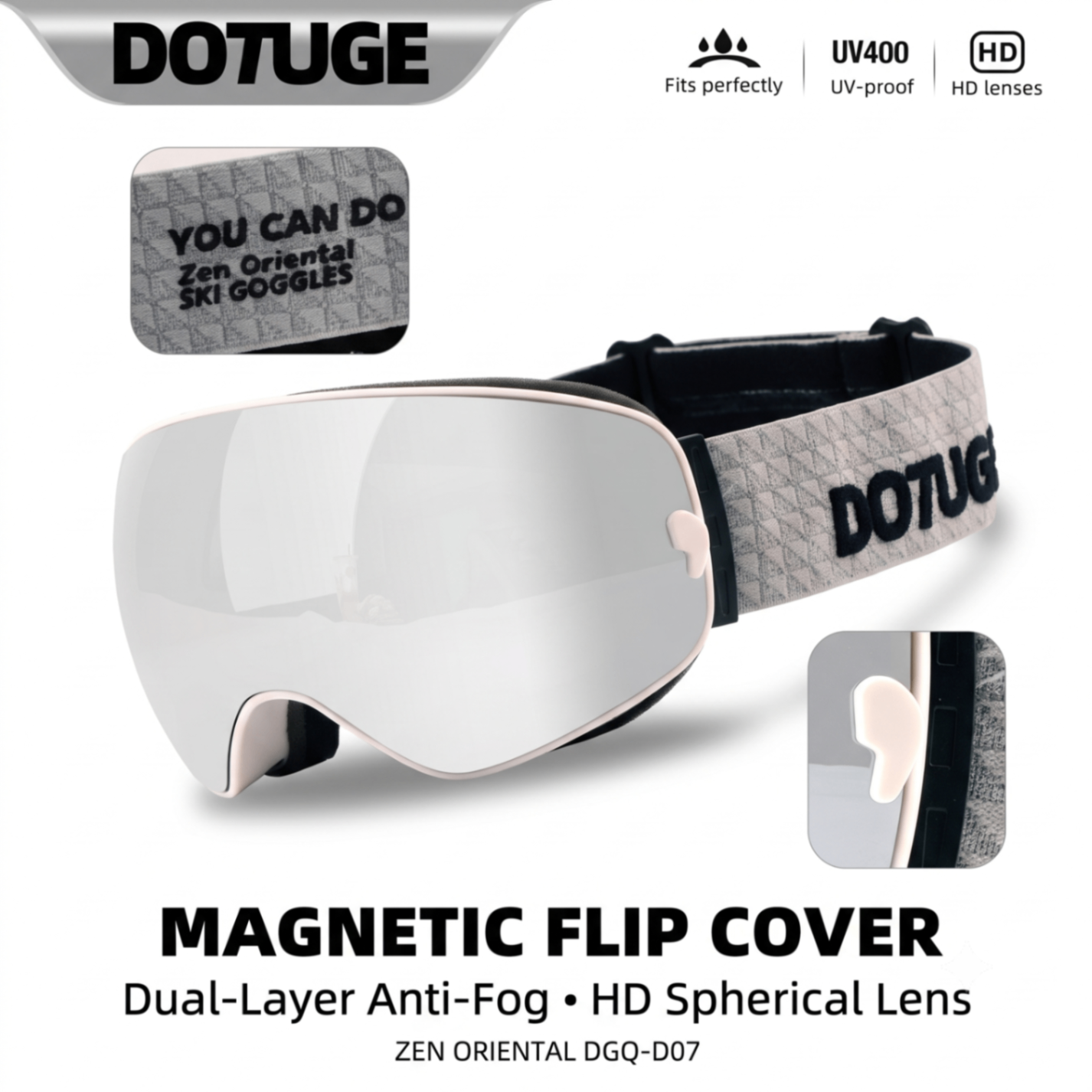 DOTUGE DGQ-D07 Magnetic Flip Ski Goggles with REVO Coated Dual-Layer Anti-Fog Spherical Lens, UV400 Protection, OTG Design, and Wide Field of View for Snow Sports (E)
