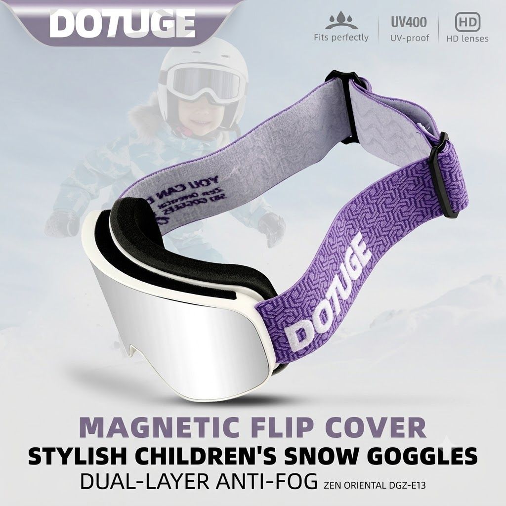 DOTUGE Kids Snow Goggles with Magnetic Flip Design, Anti-Fog HD Lens & UV400 Protection, Compatible with Prescription Glasses, Ideal for Skiing, Snowboarding, and Winter Outdoor Adventures (B)
