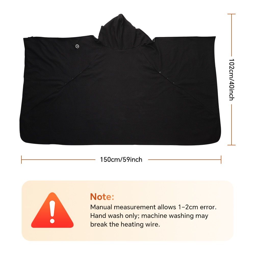 Graphene Heated Hooded Poncho Blanket – USB-Powered Wearable Shawl for Office, Home, Outdoor, and Travel with 3 Adjustable Temperature Settings and Soft Cotton Blend Fabric (Black)