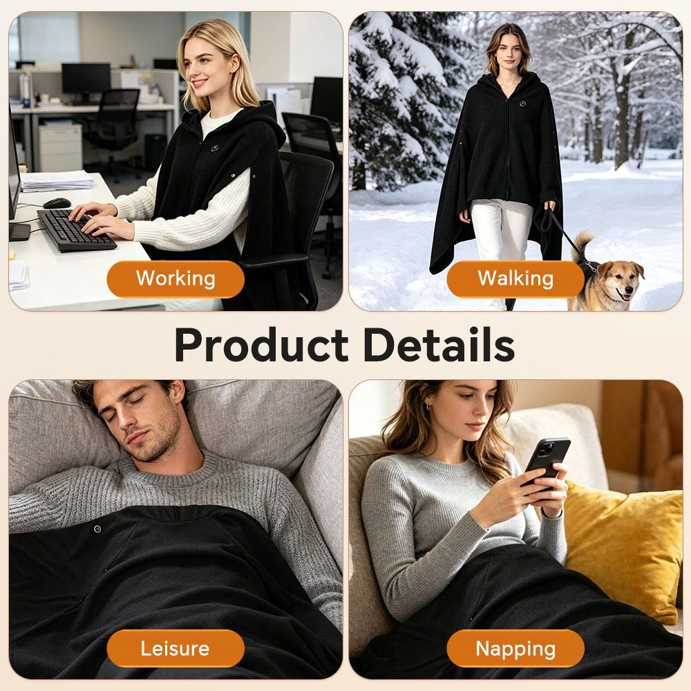 Graphene Heated Hooded Poncho Blanket – USB-Powered Wearable Shawl for Office, Home, Outdoor, and Travel with 3 Adjustable Temperature Settings and Soft Cotton Blend Fabric (Black)