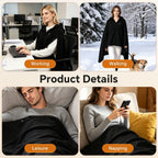 Graphene Heated Hooded Poncho Blanket – USB-Powered Wearable Shawl for Office, Home, Outdoor, and Travel with 3 Adjustable Temperature Settings and Soft Cotton Blend Fabric (Black)