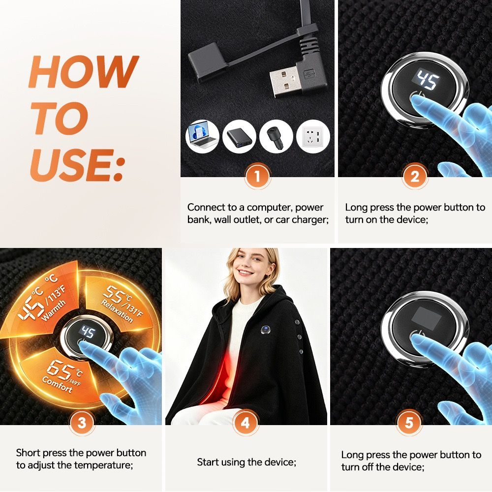Graphene Heated Hooded Poncho Blanket – USB-Powered Wearable Shawl for Office, Home, Outdoor, and Travel with 3 Adjustable Temperature Settings and Soft Cotton Blend Fabric (Black)