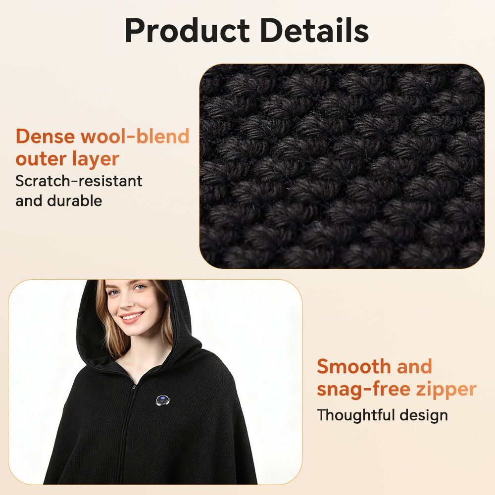 Graphene Heated Hooded Poncho Blanket – USB-Powered Wearable Shawl for Office, Home, Outdoor, and Travel with 3 Adjustable Temperature Settings and Soft Cotton Blend Fabric (Black)
