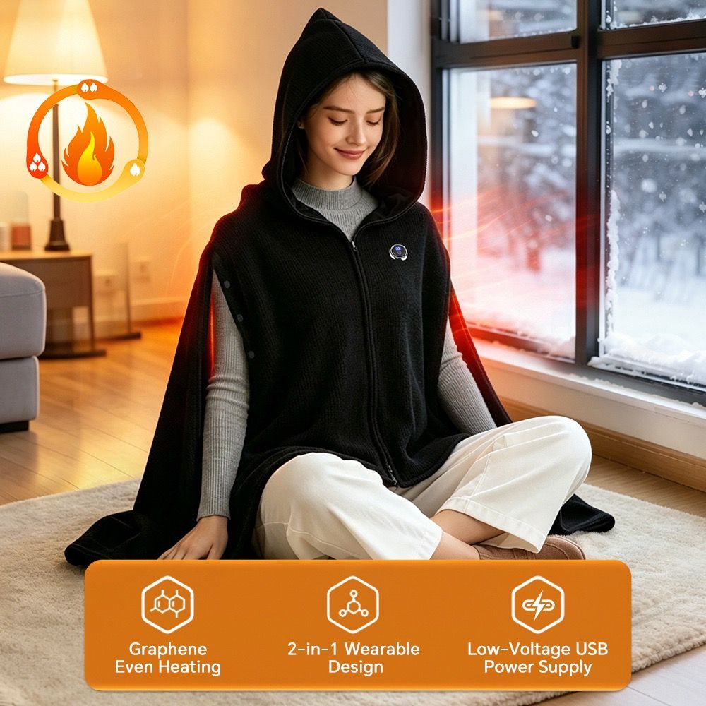 Graphene Heated Hooded Poncho Blanket – USB-Powered Wearable Shawl for Office, Home, Outdoor, and Travel with 3 Adjustable Temperature Settings and Soft Cotton Blend Fabric (Black)