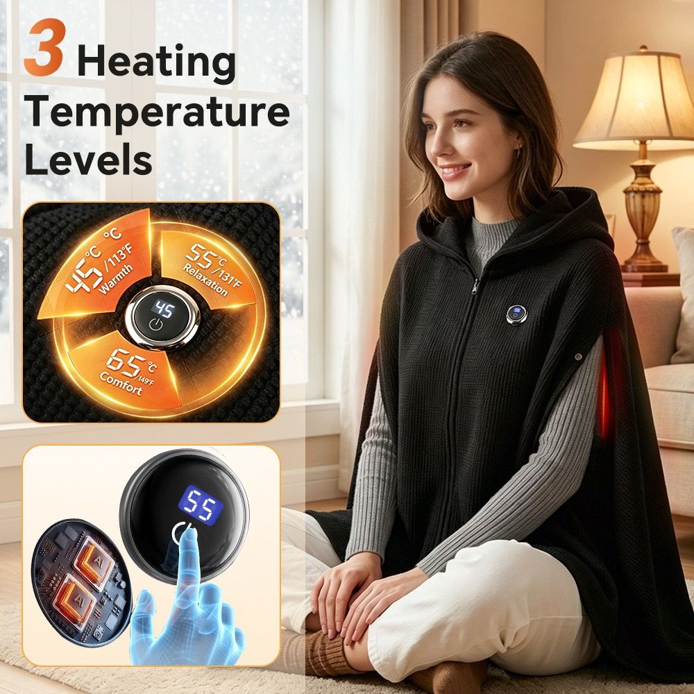 Graphene Heated Hooded Poncho Blanket – USB-Powered Wearable Shawl for Office, Home, Outdoor, and Travel with 3 Adjustable Temperature Settings and Soft Cotton Blend Fabric (Black)