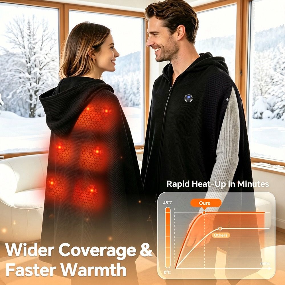 Graphene Heated Hooded Poncho Blanket – USB-Powered Wearable Shawl for Office, Home, Outdoor, and Travel with 3 Adjustable Temperature Settings and Soft Cotton Blend Fabric (Black)