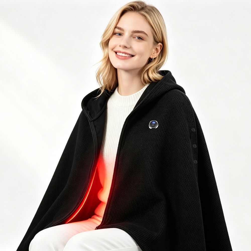Graphene Heated Hooded Poncho Blanket – USB-Powered Wearable Shawl for Office, Home, Outdoor, and Travel with 3 Adjustable Temperature Settings and Soft Cotton Blend Fabric (Black)