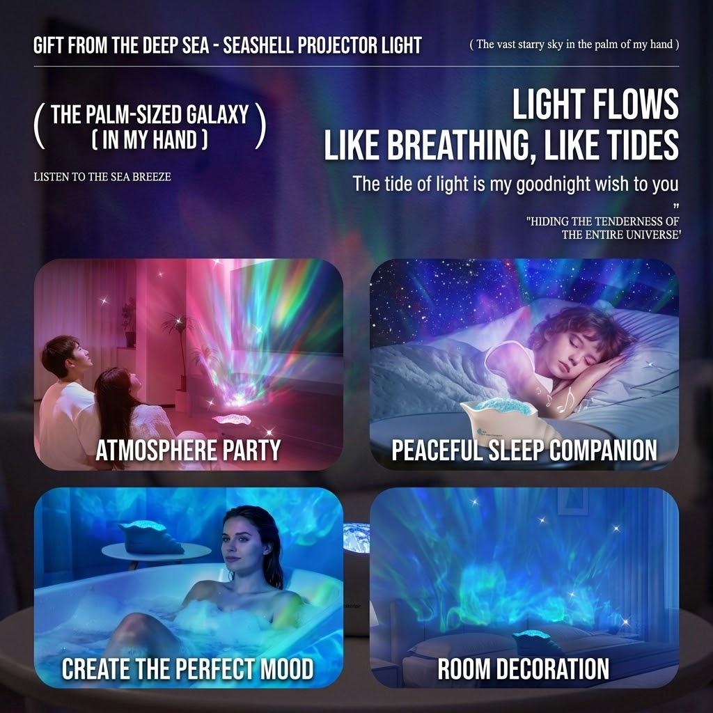 Seashell Starry Sky Projector Lamp with Dynamic Water Ripple Aurora Effect, ABS-PC Decorative Night Light for Bedroom Relaxation, Romantic Date Nights, Party Atmosphere, and Bath Time Ambiance (White)
