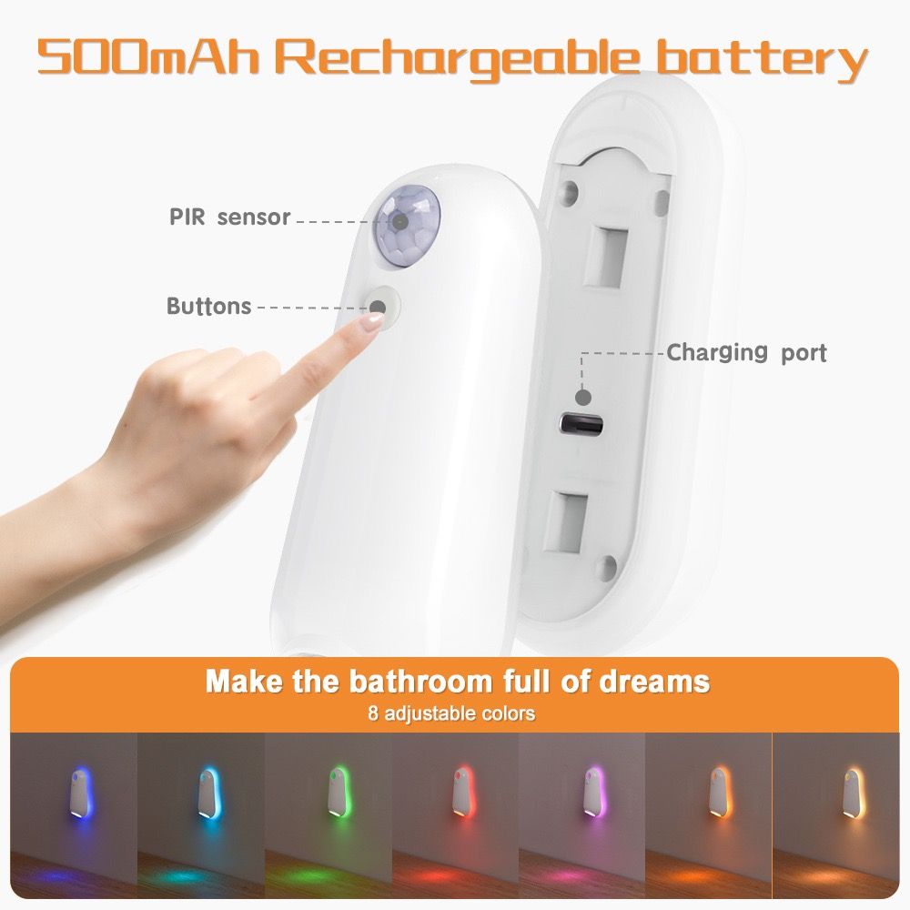 2-in-1 Motion Sensor Night Light with Toilet Light Function, 8 Color RGB Glow, Waterproof Rechargeable LED Lamp for Nighttime Use in Bathroom, Stairway, Hallway, and Bedside (3PCS)