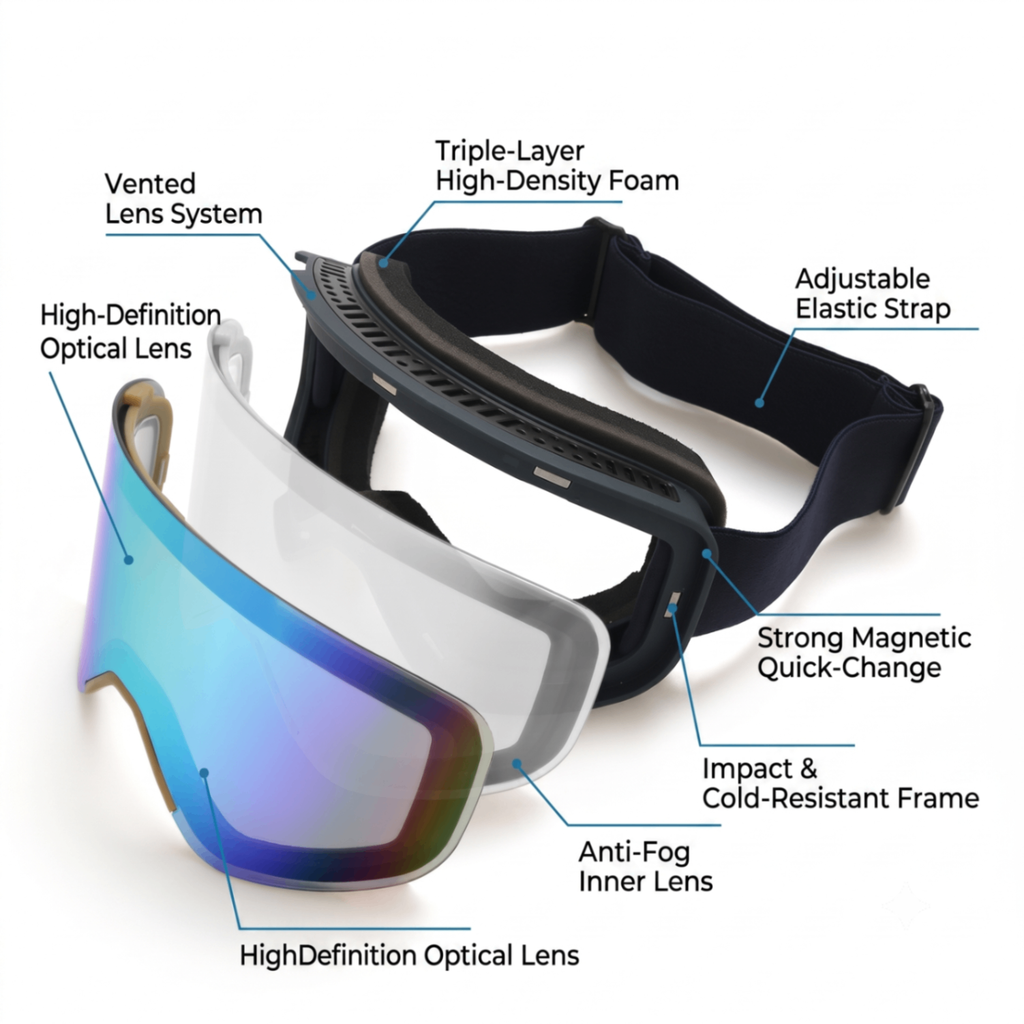 New Magnetic Ski Goggles with Cylindrical Lens, Anti-Fog Snow Glasses for Outdoor Skiing, Snowboarding, and Mountaineering – Universal Fit for Men, Women, and Youth (PinkYellow)