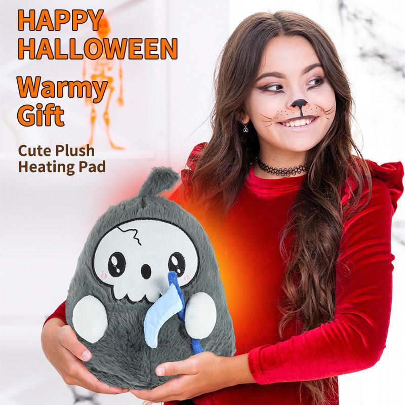 USB-Powered Plush Heating Pad with Cute Grim Reaper Design – Portable Warmth for Home, Office, Car, and Halloween-Themed Gifting (Grey)