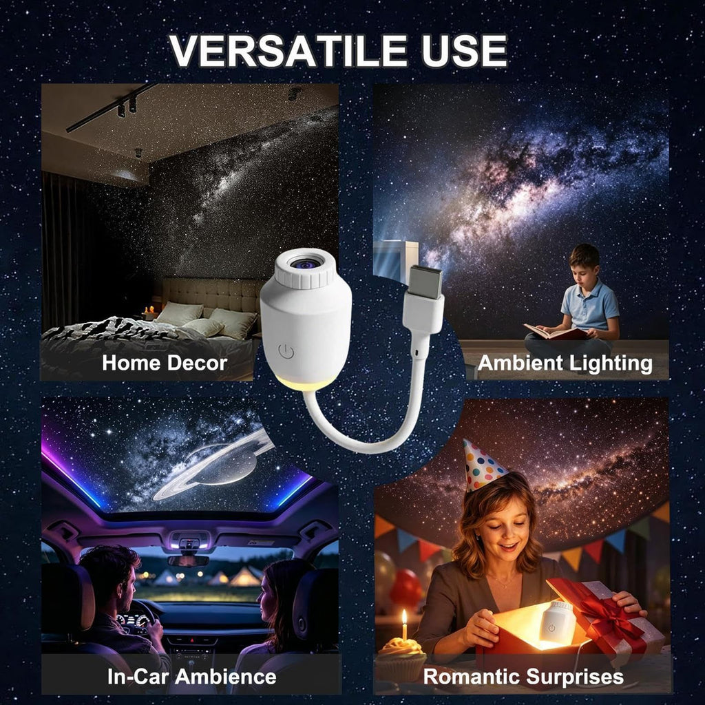 USB-Powered Star Projector Lamp with 12 Interchangeable Slides, Adjustable Focus and 160° Projection for Bedroom Decoration, Car Atmosphere, and Romantic Surprise Scenes (White)