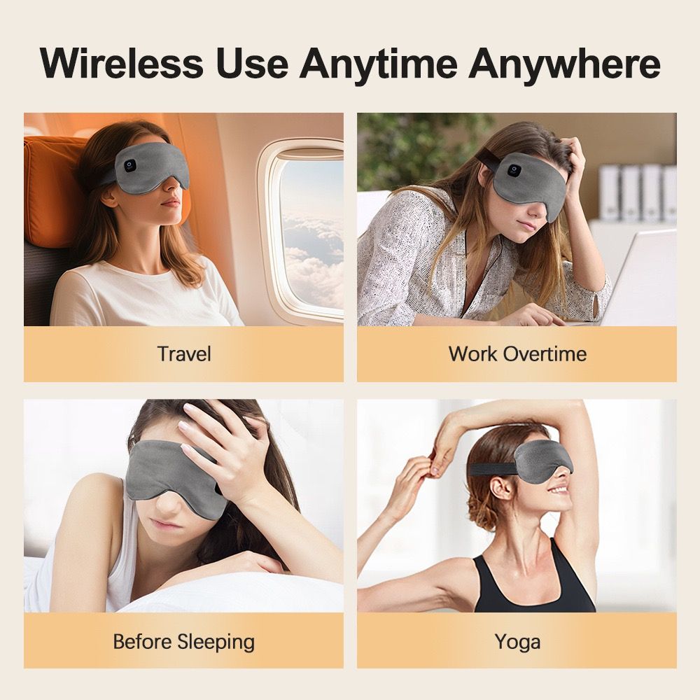 Wireless Smart Heated Eye Mask with 3-Temperature Control, Ergonomic Design for Eye Relief, Ideal for Sleep, Travel, and Office Relaxation (Grey)