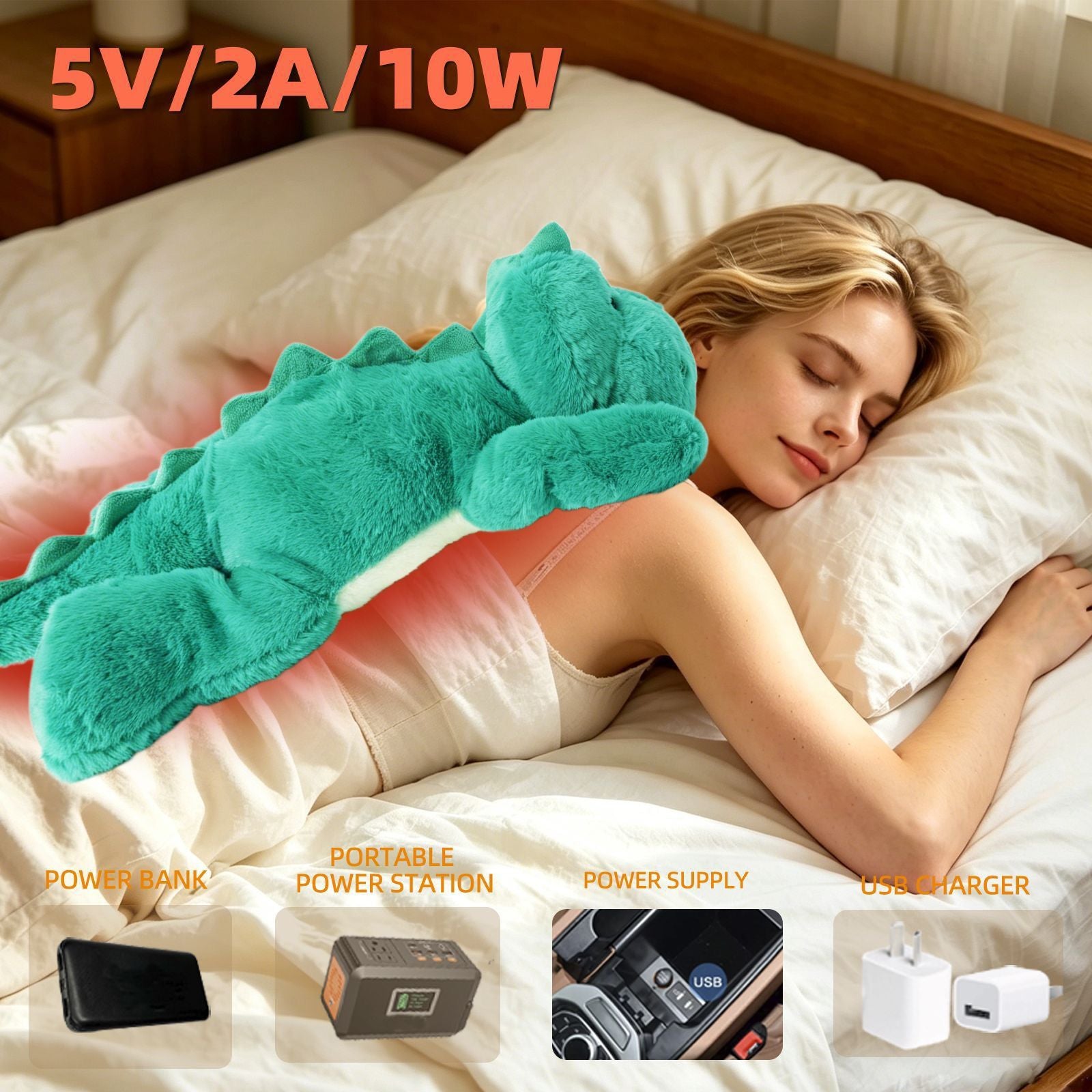 USB-Powered Dinosaur Plush Heating Pillow – Soft, Cuddly, and Warm for Cozy Lounging at Home, Office, or Car – Perfect for Belly, Back, or Lap Warmth (Green)