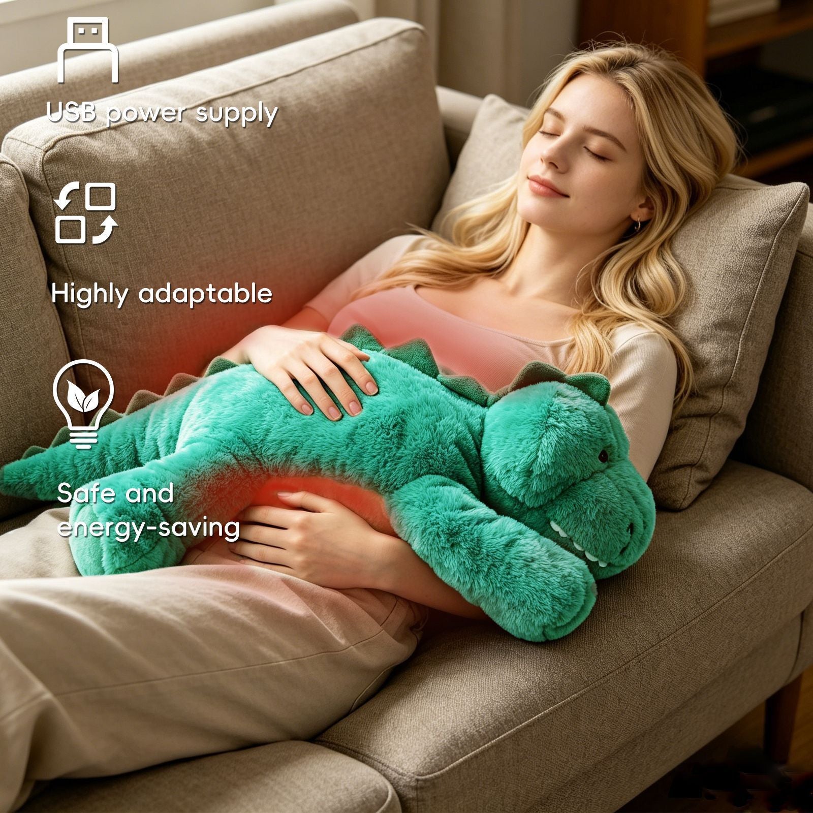 USB-Powered Dinosaur Plush Heating Pillow – Soft, Cuddly, and Warm for Cozy Lounging at Home, Office, or Car – Perfect for Belly, Back, or Lap Warmth (Green)