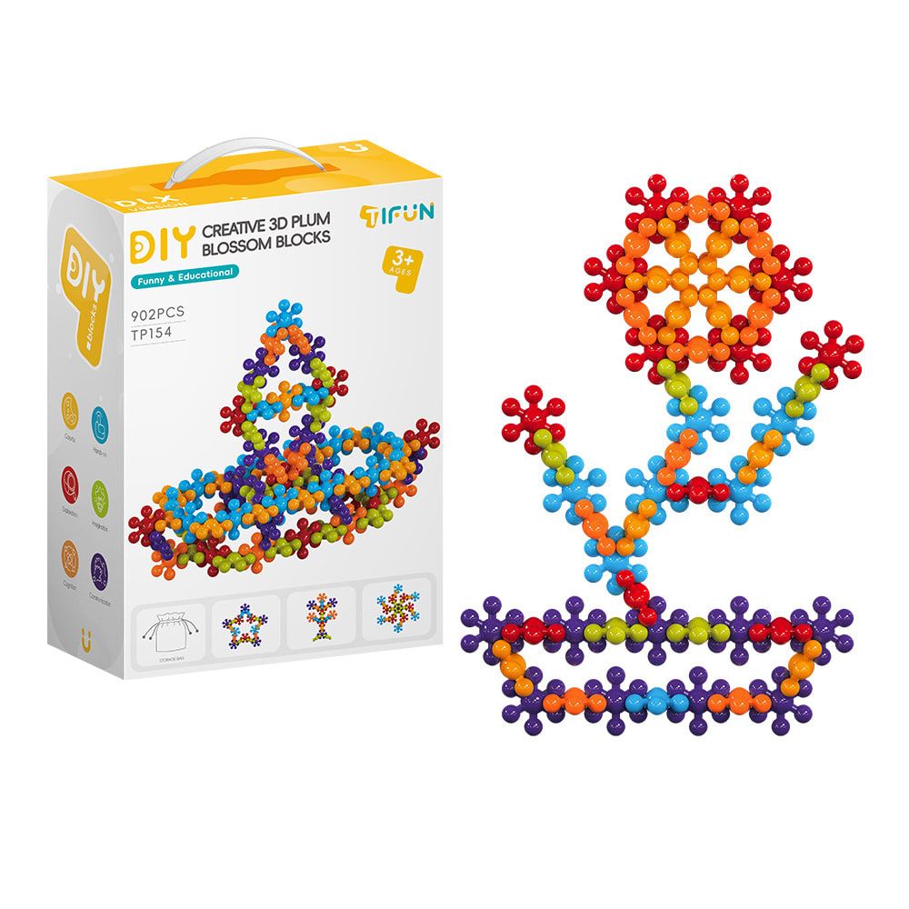 3D Plum Blossom Building Blocks for Kids – DIY Creative Puzzle Toy for Ages 3+ with 112, 302, or 902 Pieces, Safe Plastic, Reusable Storage Bag, and Idea Guide for Endless Fun (302PCS)