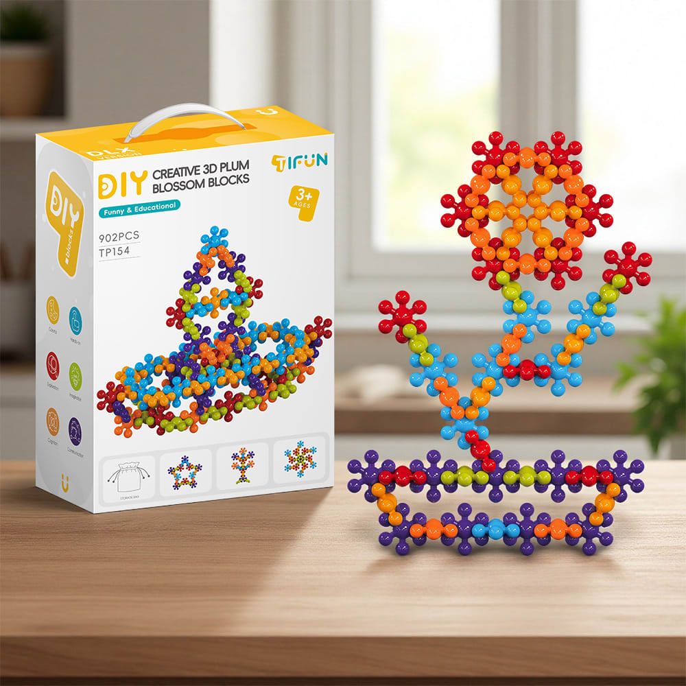 3D Plum Blossom Building Blocks for Kids – DIY Creative Puzzle Toy for Ages 3+ with 112, 302, or 902 Pieces, Safe Plastic, Reusable Storage Bag, and Idea Guide for Endless Fun (302PCS)