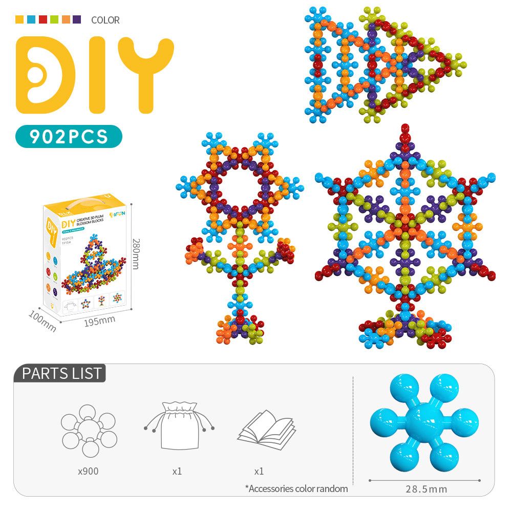 3D Plum Blossom Building Blocks for Kids – DIY Creative Puzzle Toy for Ages 3+ with 112, 302, or 902 Pieces, Safe Plastic, Reusable Storage Bag, and Idea Guide for Endless Fun (302PCS)