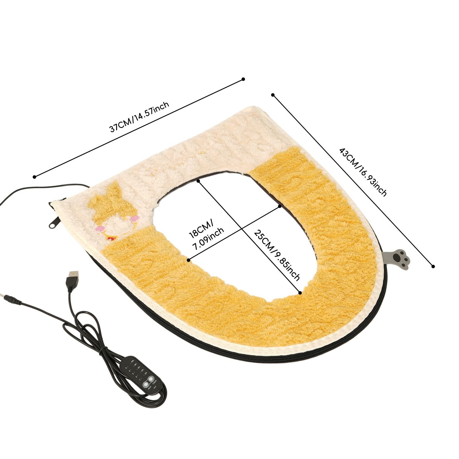 USB-Powered Heated Toilet Seat Cover with Soft Plush and Waterproof PU Leather, Adjustable Temperature and Timer, Easy-Clean Design for Warm and Cozy Bathroom Experience (Yellow)
