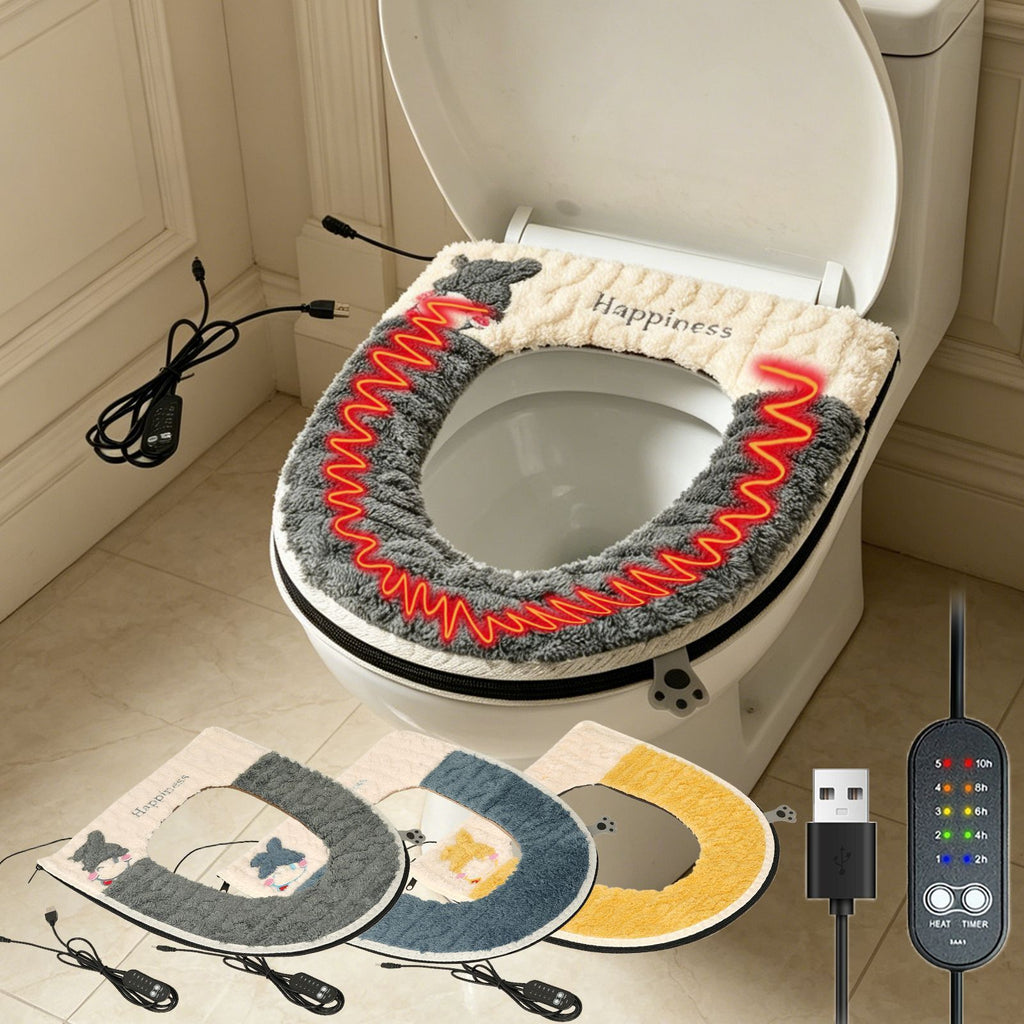 USB-Powered Heated Toilet Seat Cover with Soft Plush and Waterproof PU Leather, Adjustable Temperature and Timer, Easy-Clean Design for Warm and Cozy Bathroom Experience (Yellow)
