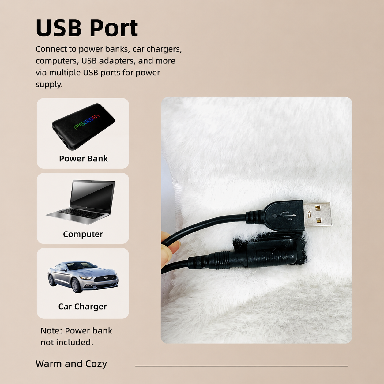 USB-Powered Faux Rabbit Fur Heating Pad for Office, Car, and Outdoor Use – Soft, Portable, and Adjustable Temperature with Timer (Black)
