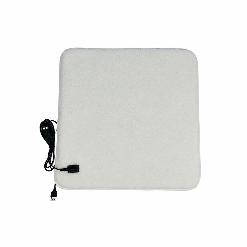 USB-Powered Faux Rabbit Fur Heating Pad for Office, Car, and Outdoor Use – Soft, Portable, and Adjustable Temperature with Timer (White)