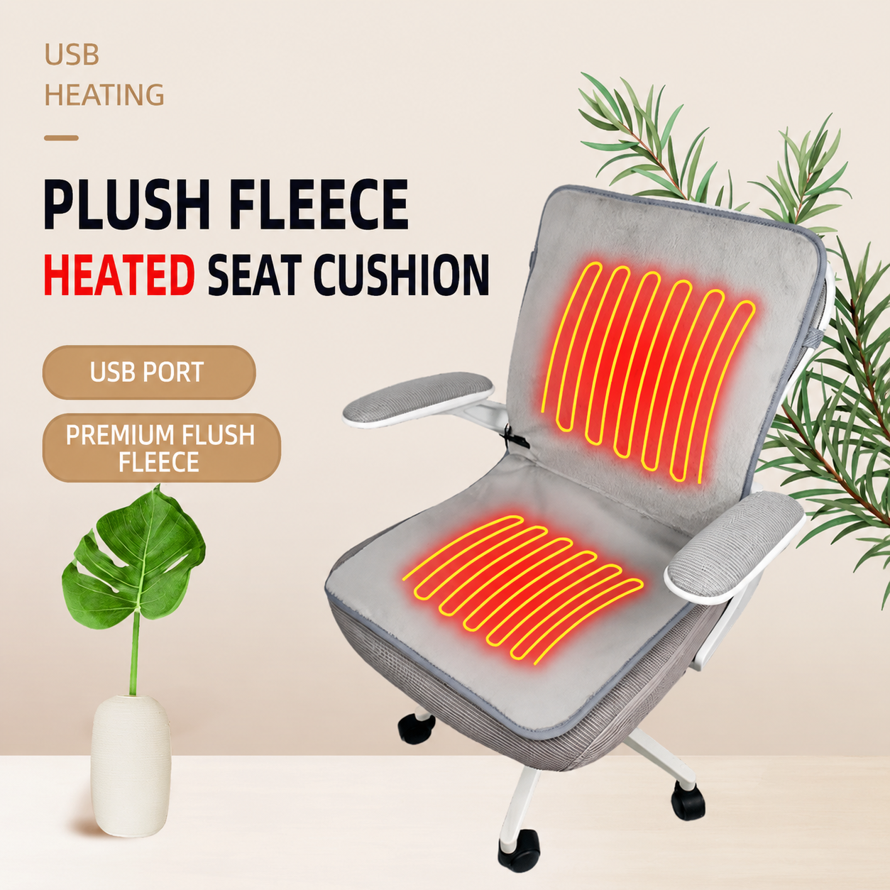USB-Powered Faux Rabbit Fur Heating Pad for Office, Car, and Outdoor Use – Soft, Portable, and Adjustable Temperature with Timer (White)