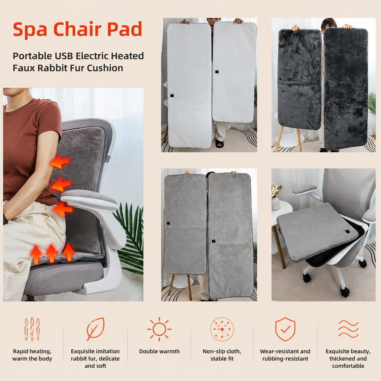 USB-Powered Heated Cushion with Faux Rabbit Fur, Ideal for Office Chairs, Car Seats, Outdoor Use, and Pet Warming – Soft, Portable, and Foldable Design (Black)