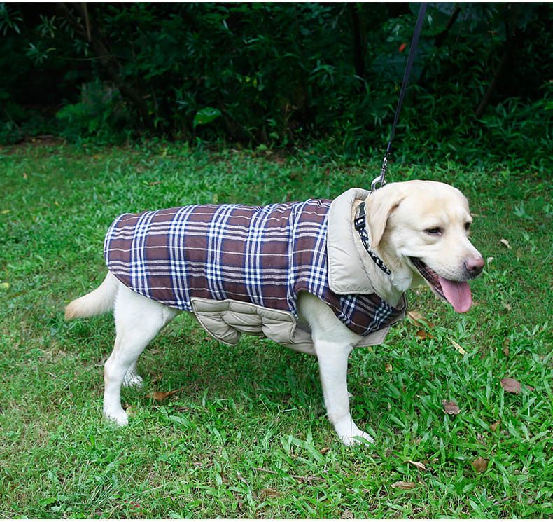 Reversible Winter Dog Coat with Plaid and Quilted Sides, Warm Cotton-Filled Vest for Outdoor Walks, Adjustable Velcro Straps for a Secure Fit (2XL, Brown)