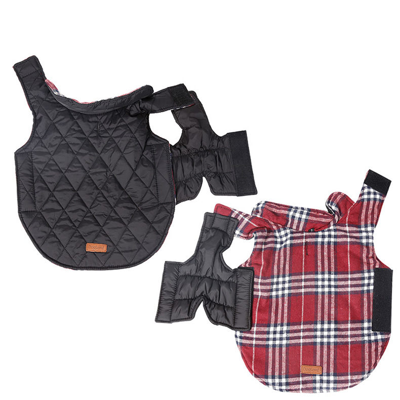 Reversible Winter Dog Coat with Plaid and Quilted Sides, Warm Cotton-Filled Vest for Outdoor Walks, Adjustable Velcro Straps for a Secure Fit (2XL, Brown)