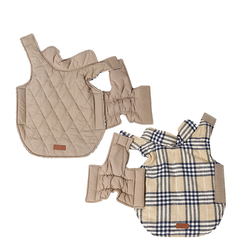 Reversible Winter Dog Coat with Plaid and Quilted Sides, Warm Cotton-Filled Vest for Outdoor Walks, Adjustable Velcro Straps for a Secure Fit (M, Brown)