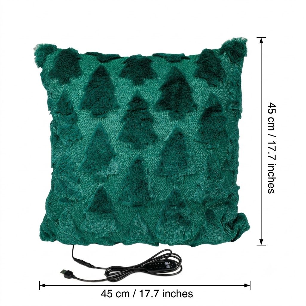 Christmas Tree Plush USB Heated Throw Pillow – Festive Decorative Cushion with Adjustable Temperature and Timer for Cozy Warmth at Home or Office (DarkGreen)