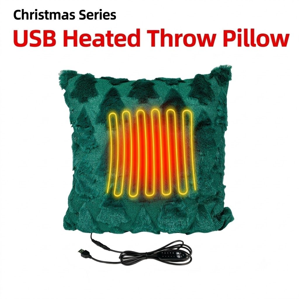 Christmas Tree Plush USB Heated Throw Pillow – Festive Decorative Cushion with Adjustable Temperature and Timer for Cozy Warmth at Home or Office (DarkGreen)