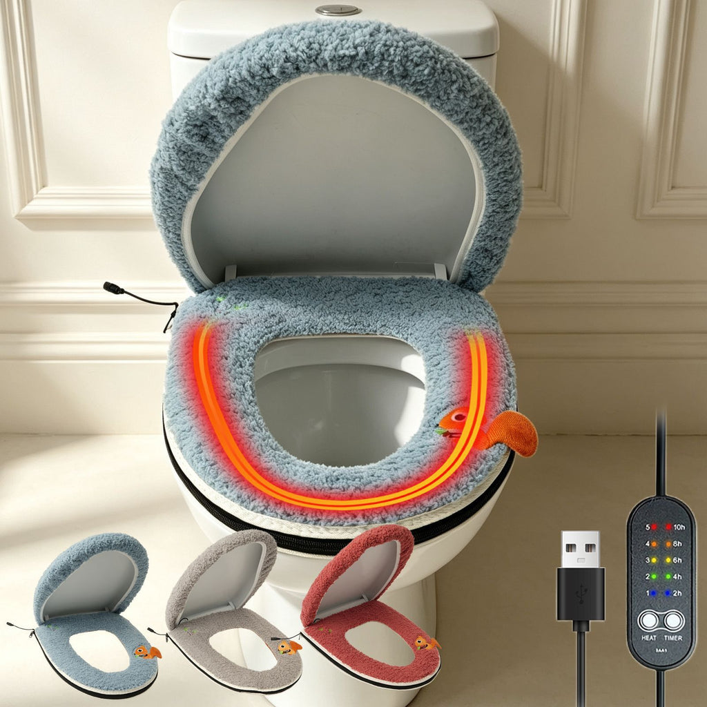 USB-Powered Heated Toilet Seat Cover Set with Soft Plush Fabric, Adjustable Temperature & Timer, Easy-to-Clean PU Leather Bottom, Suitable for Cold Season Home Use (Blue)