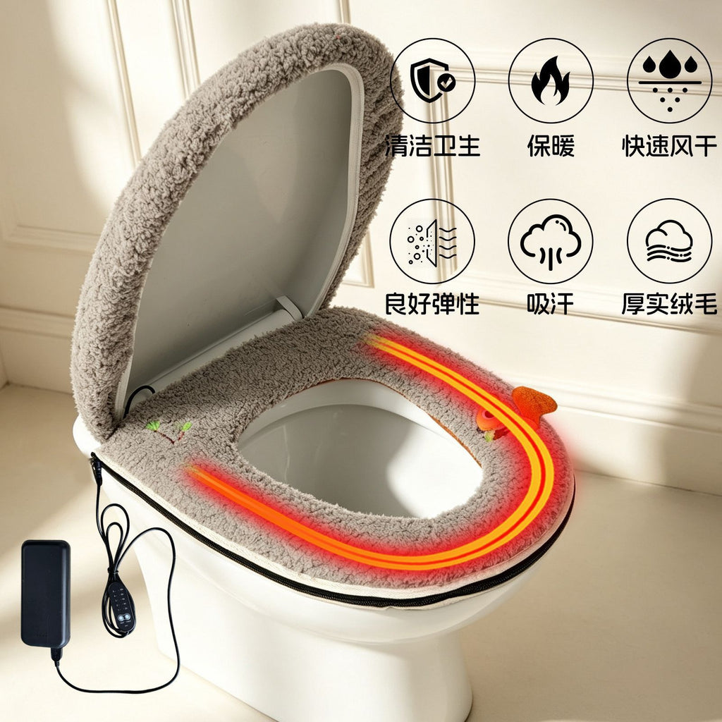 USB-Powered Heated Toilet Seat Cover Set with Soft Plush Fabric, Adjustable Temperature & Timer, Easy-to-Clean PU Leather Bottom, Suitable for Cold Season Home Use (Blue)