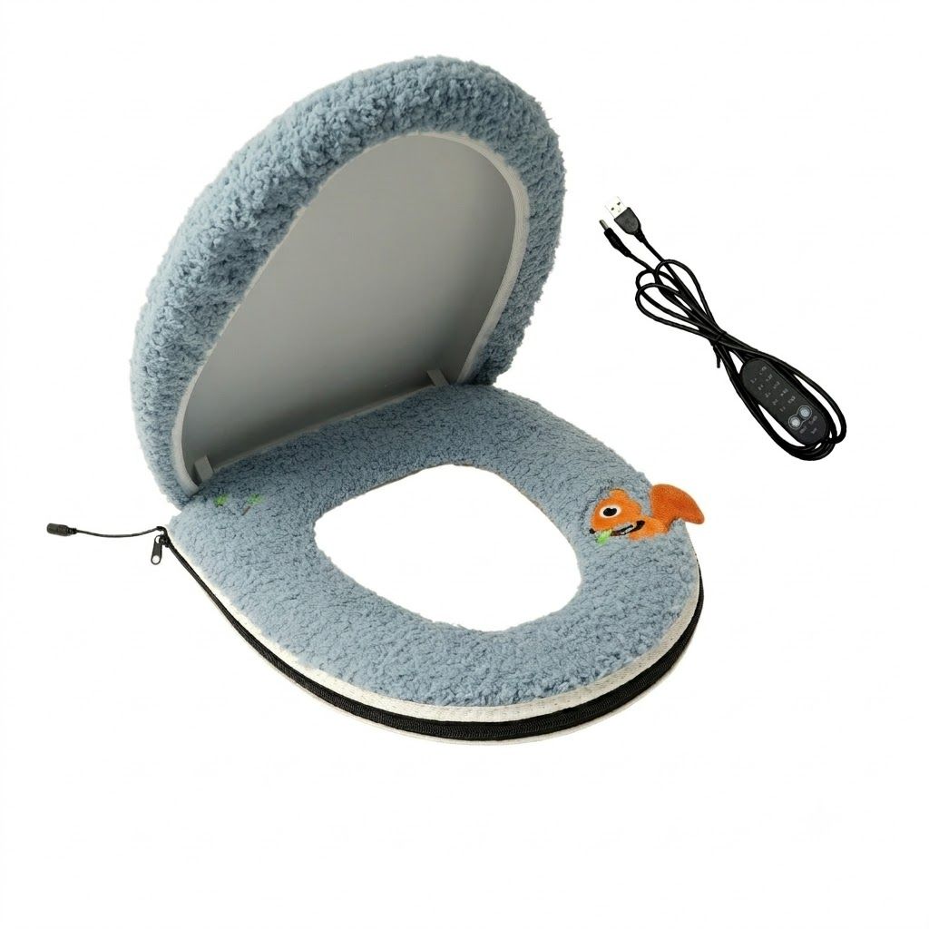 USB-Powered Heated Toilet Seat Cover Set with Soft Plush Fabric, Adjustable Temperature & Timer, Easy-to-Clean PU Leather Bottom, Suitable for Cold Season Home Use (Red)