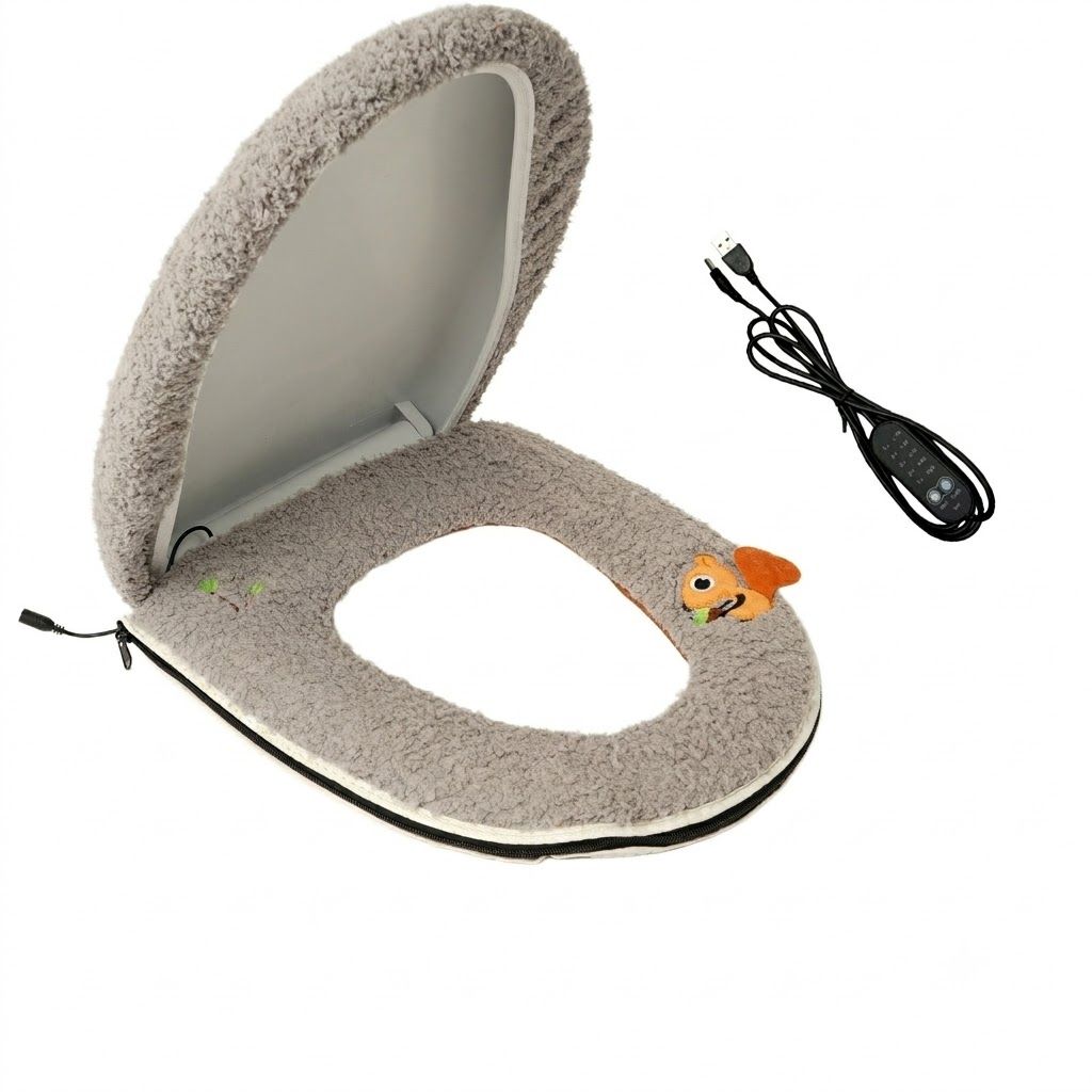 USB-Powered Heated Toilet Seat Cover Set with Soft Plush Fabric, Adjustable Temperature & Timer, Easy-to-Clean PU Leather Bottom, Suitable for Cold Season Home Use (Red)